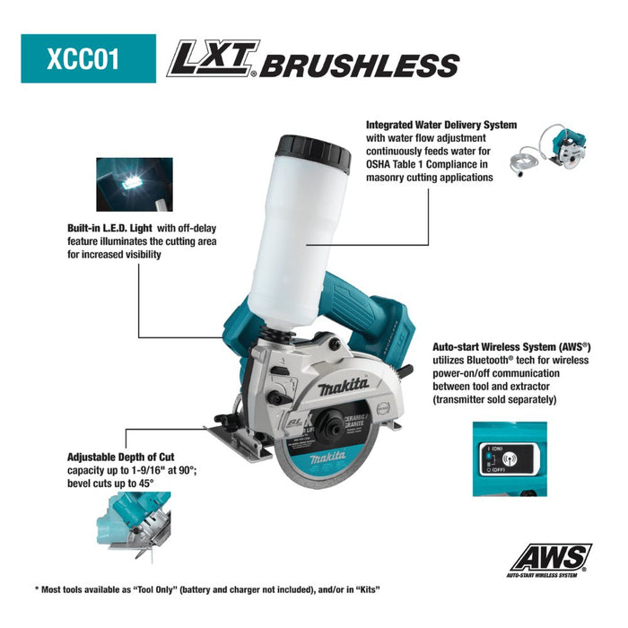 Makita XCC01Z wet/dry masonry saw, cordless LXT brushless, water delivery system