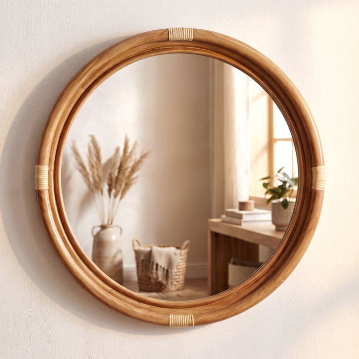 Marlow Real Wood and Rattan Round Wall Mirror