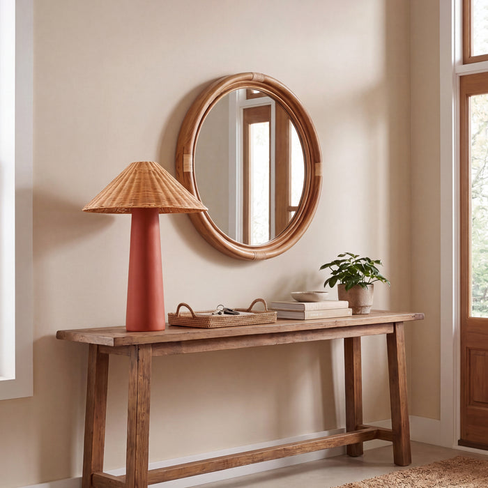 Marlow Real Wood and Rattan Round Wall Mirror