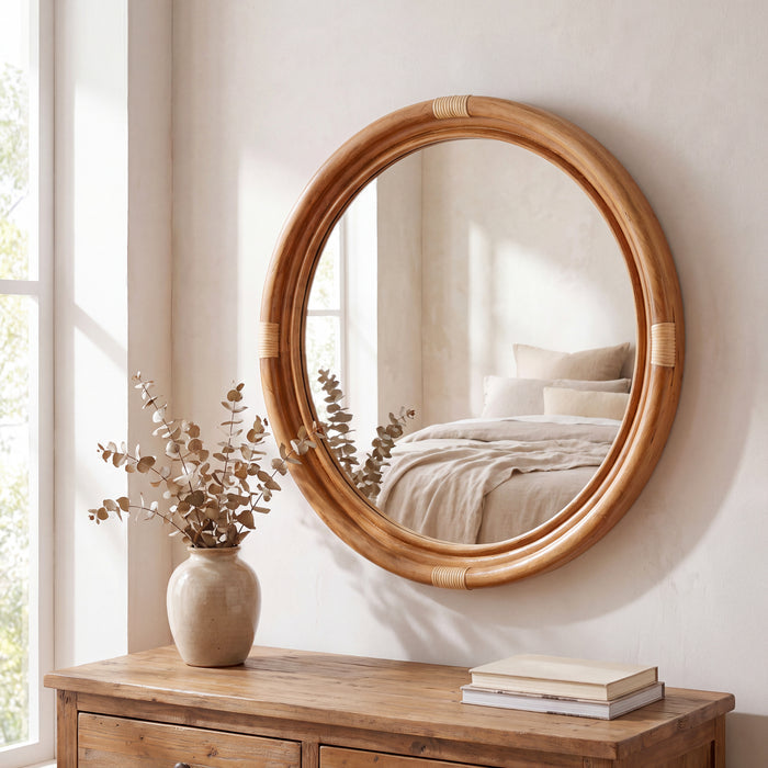 Marlow Real Wood and Rattan Round Wall Mirror