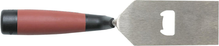Metal bottle-opener margin trowel blade and red-and-black handle