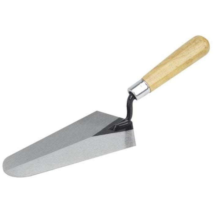 7 in x 3-3/8 in gauging trowel with grey steel blade and wooden handle