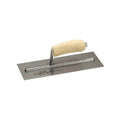 Finishing trowel with wooden handle and smooth metal blade for concrete finishing
