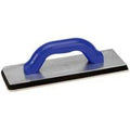 Gum rubber grout float angled view; blue handle, silver blade, black rubber border