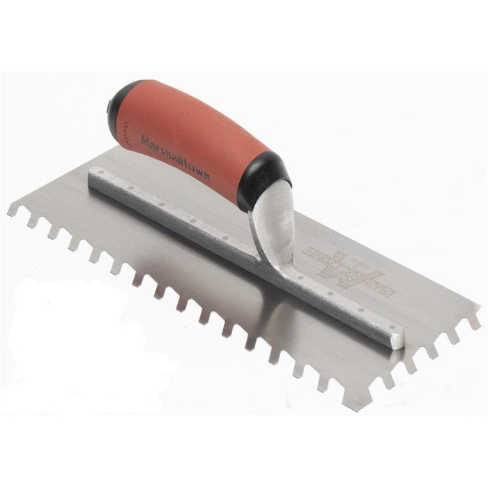 Layflat notched trowel, wide metal blade with triangular notches and orange grip