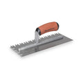 Sawtooth notched trowel with orange handle and notched metal blade, toothed edge