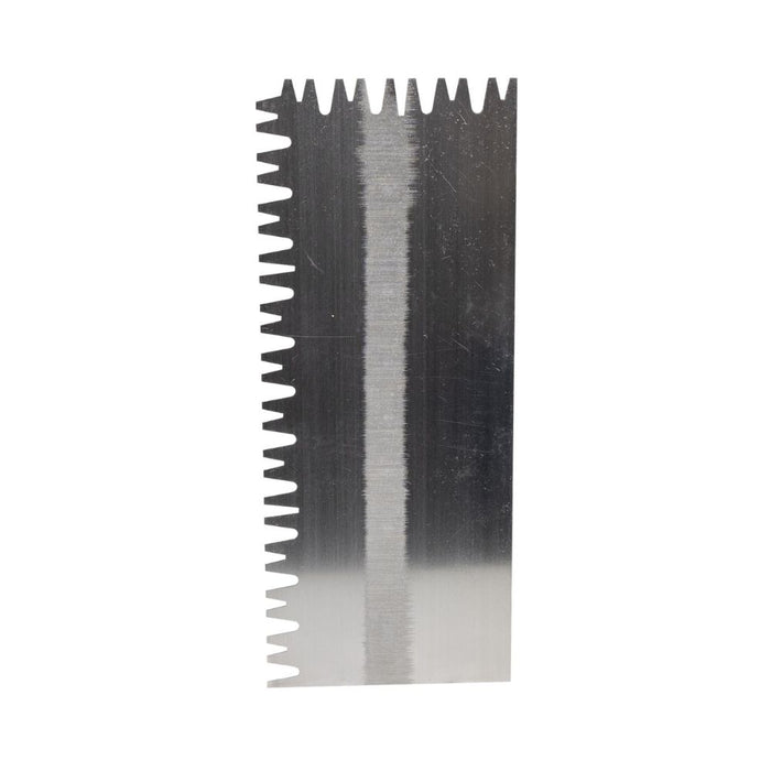Sawtooth notched trowel blade with sharp teeth on flat metal face