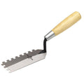 Square-notched margin trowel with wooden handle and metal blade