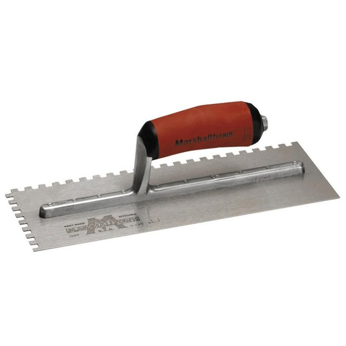 Tile trowel with DuraSoft handle and notched steel blade for applying mortar