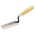 V-Notch margin trowel with wooden handle and serrated V-grooved blade