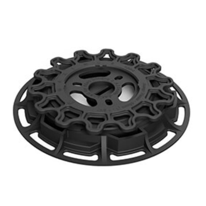Maximus pedestal unit base with circular support and drainage cutouts, black
