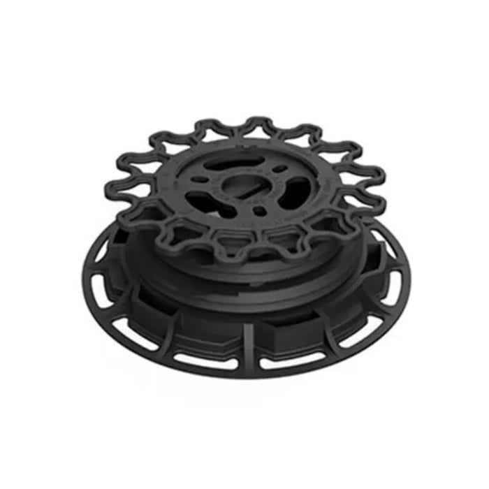Pedestal unit with stacked rings and grip slots, black plastic, side view