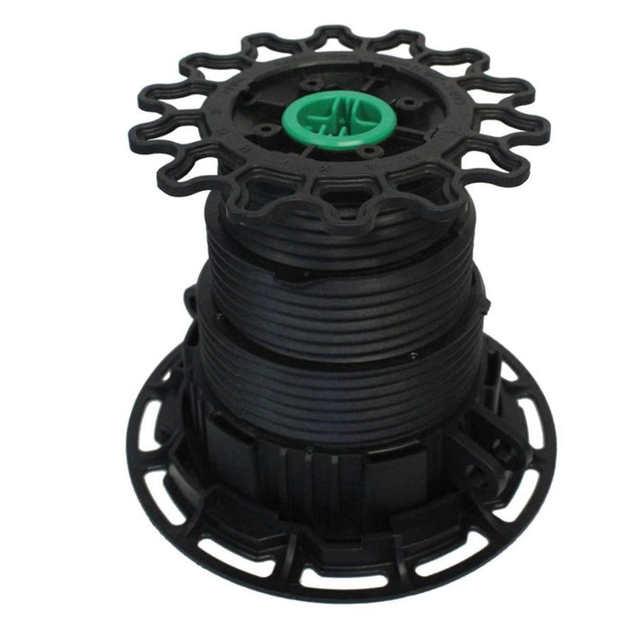 Top view of black pedestal unit with green insert and latch arms, 45–145mm range