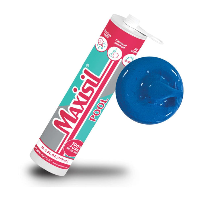 Maxisil Pool & Fountains Sealant, blue sealant tube with blue sample