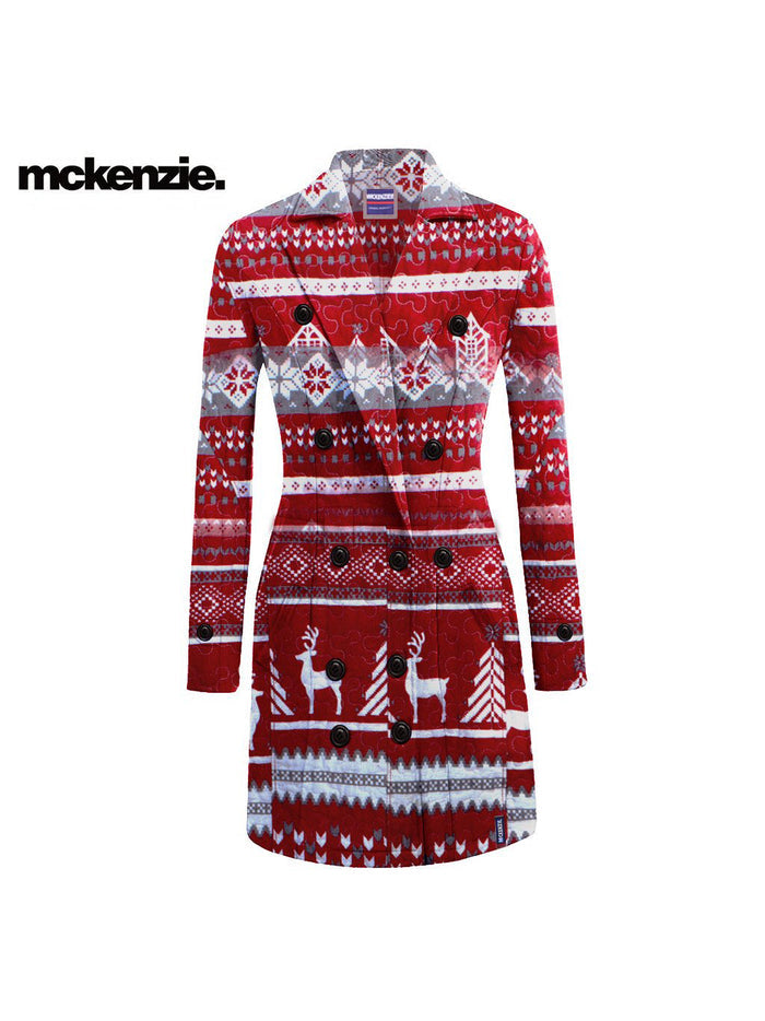 McKenzie Stylish Long Trench Coat For Ladies-Red With Allover Print-RT544