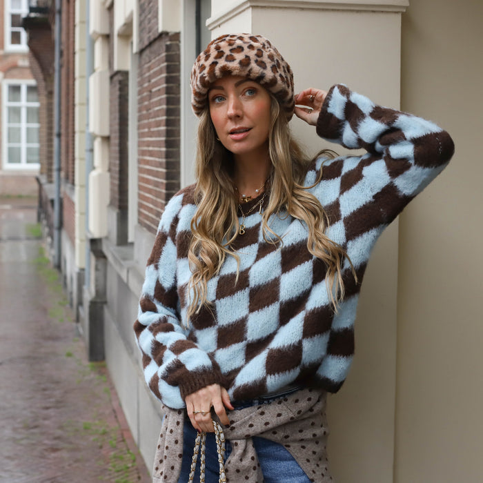Mohair blokjes trui blauw bruin
