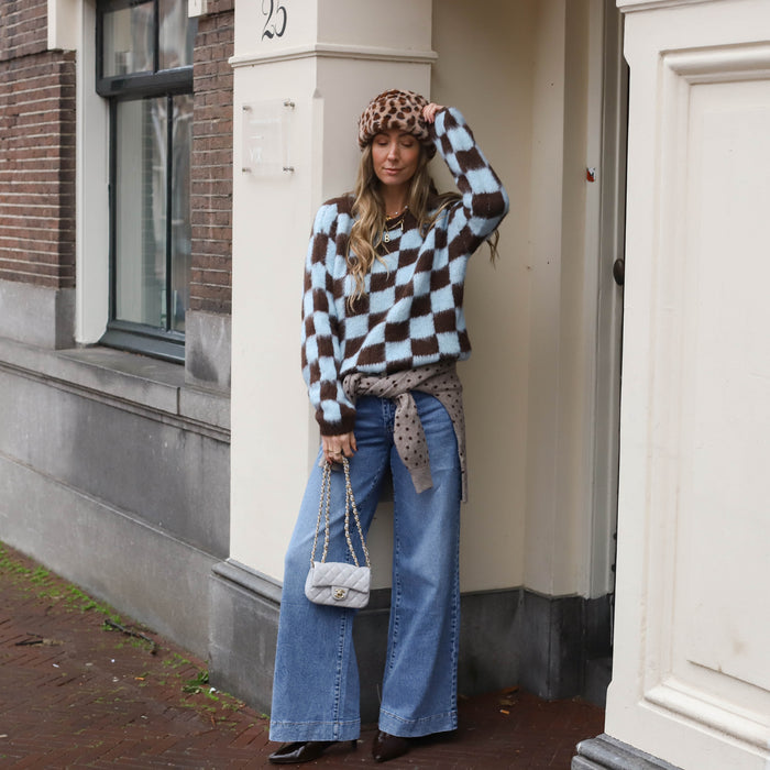 Mohair blokjes trui blauw bruin