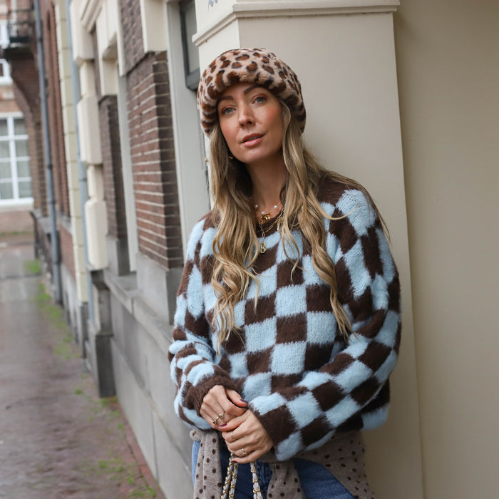 Mohair blokjes trui blauw bruin