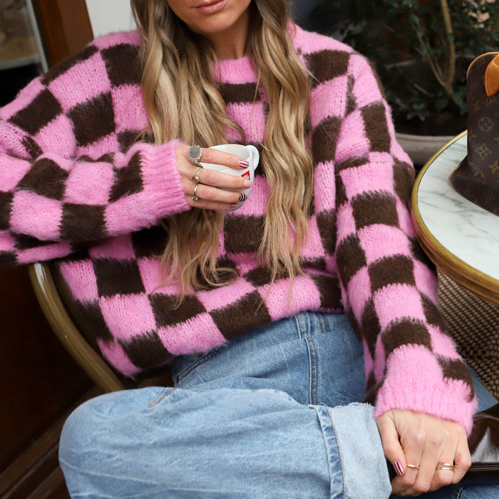 Mohair blokjes trui bruin roze