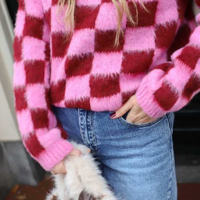Mohair blokjes trui candy burgundy