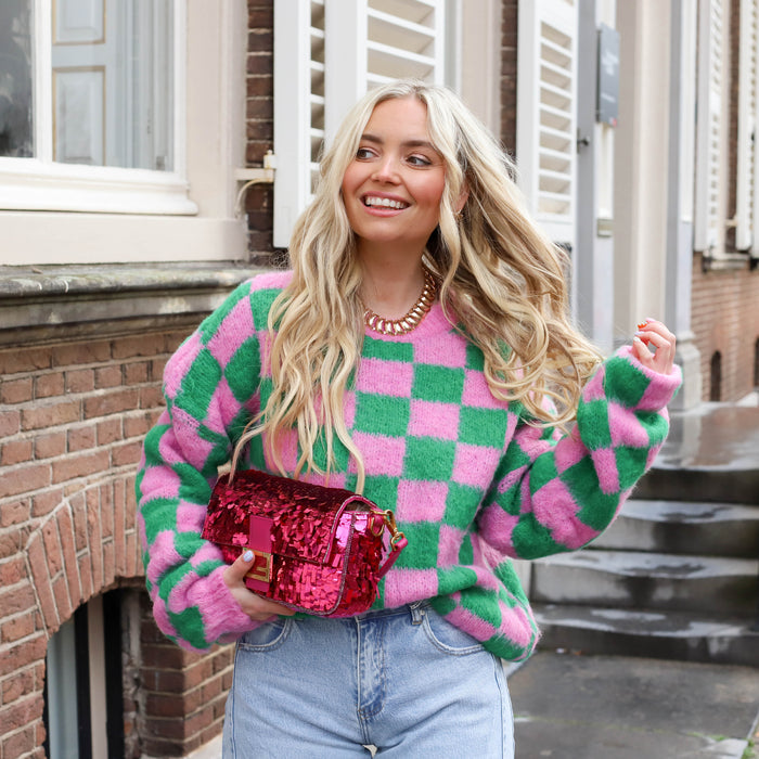 Mohair blokjes trui groen roze