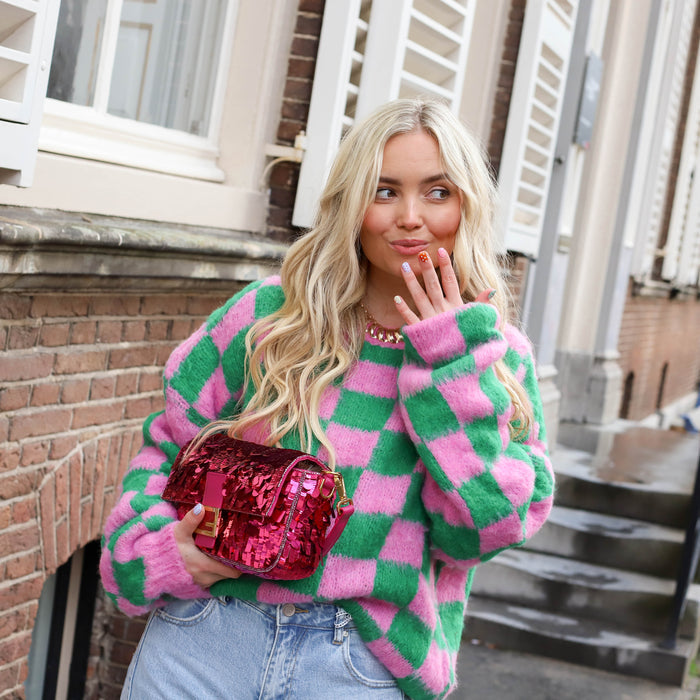 Mohair blokjes trui groen roze