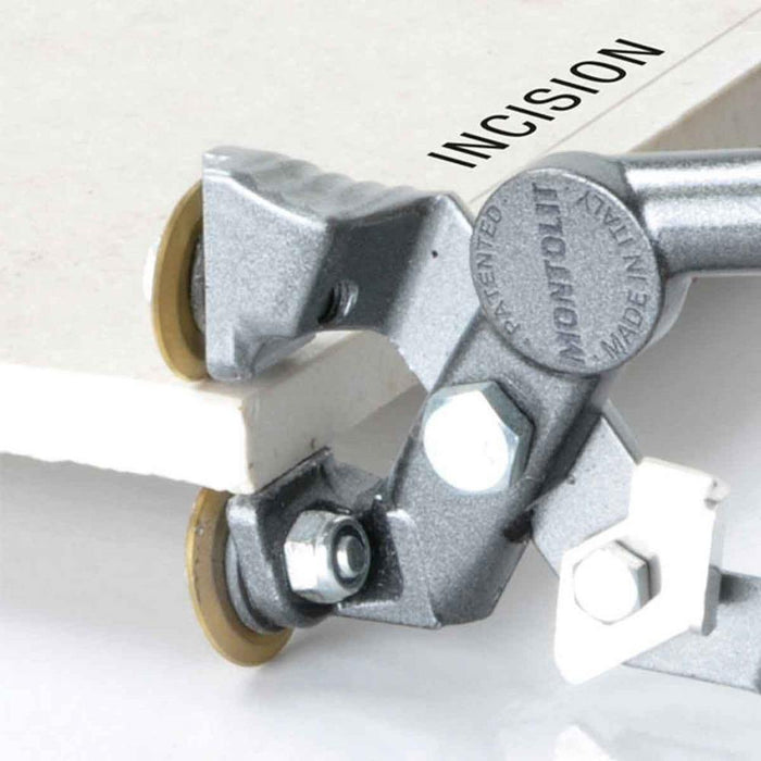 Close-up of metal cutting jaws and wheels on Montolit porcelain tile nippers