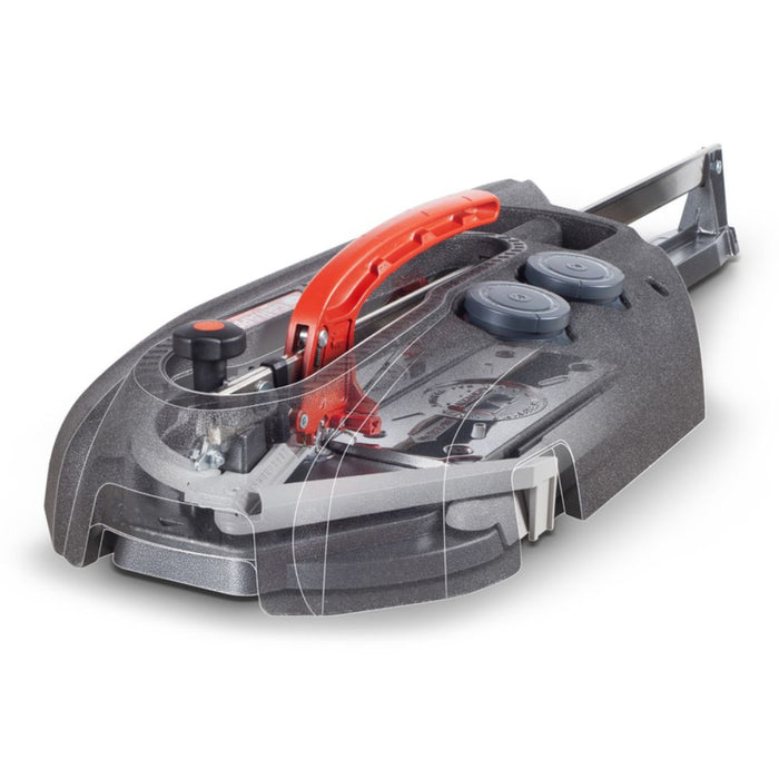 Tile cutter with CARAPAX P5/P3 cover, dark shell and open tool housing