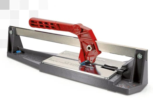 Red handled tile cutter with metal rails and gray platform base