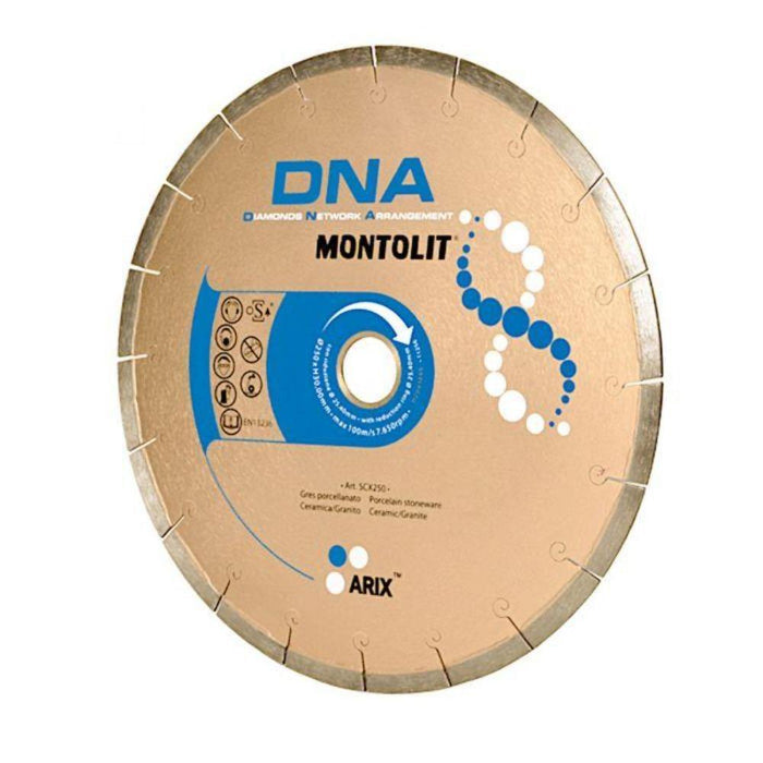 Montolit SCX250 DNA 10 in diamond sector blade with central hole and printed design
