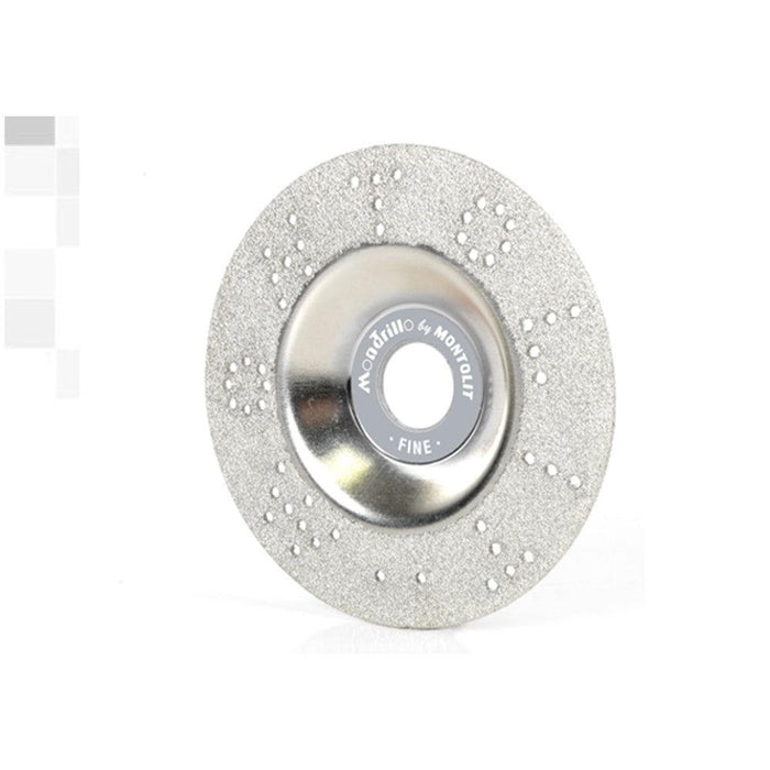 Fine diamond cup wheel with speckled abrasive rim and silver metal center