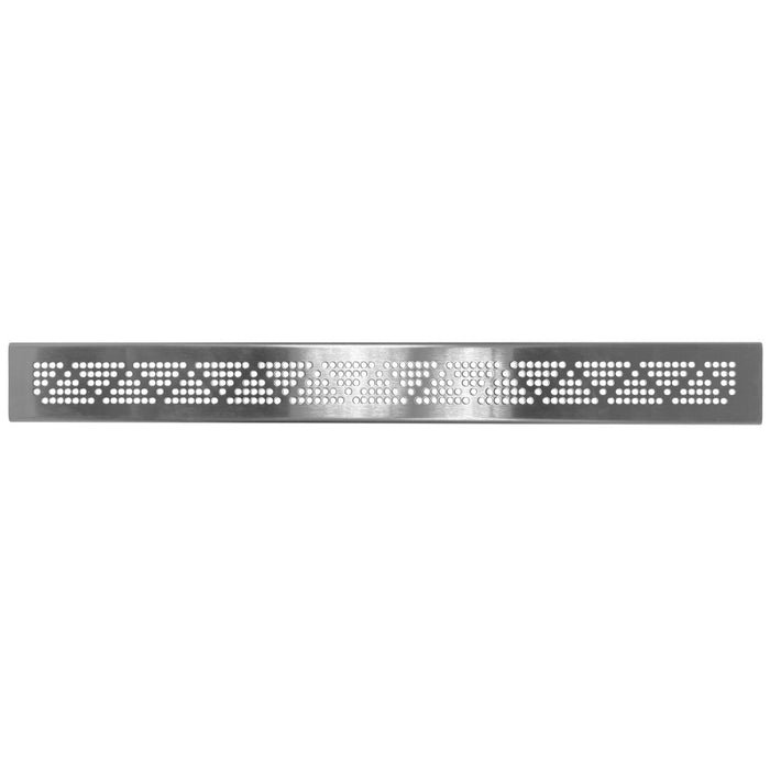 Linear drain strainer with perforated stainless steel finish, tile-in