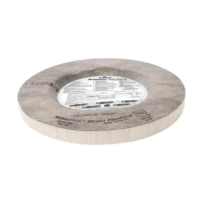 1-1/8 in solid drain flashing roll, gray metal strip with centered label