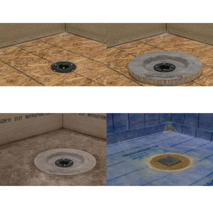 1-1/8 in solid drain flashing installed around floor drain, gray ring flashing