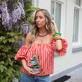 Off shoulder streep top koraal roze