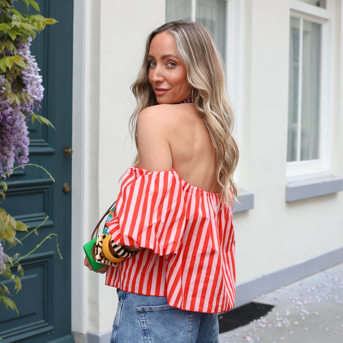 Off shoulder streep top koraal roze