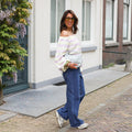 Off shoulder streep top lila geel