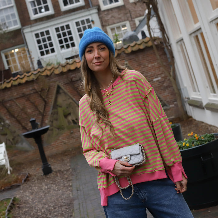 Oversized streep sweater roze groen