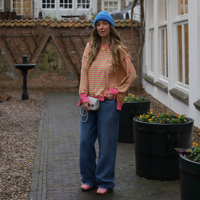 Oversized streep sweater roze groen