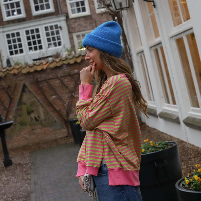 Oversized streep sweater roze groen