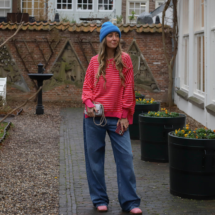 Oversized streep sweater roze rood