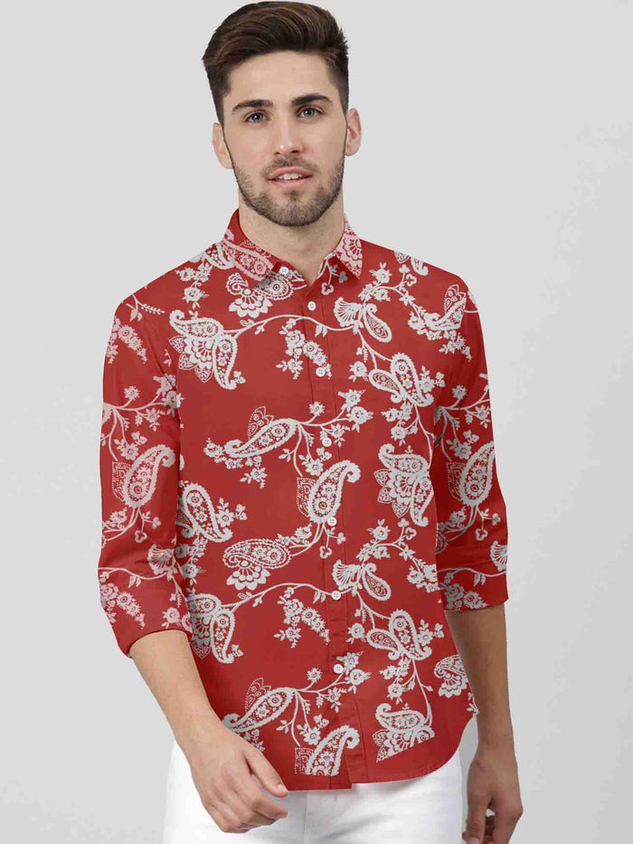 Oxen Nexoluce Premium Slim Fit Casual Shirt For Men-Red With Allover Print-BR15806