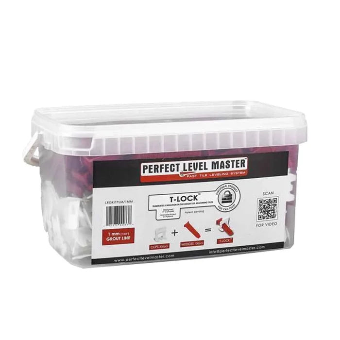 Perfect Level Master T-Lock kit in clear container, 1mm grout line