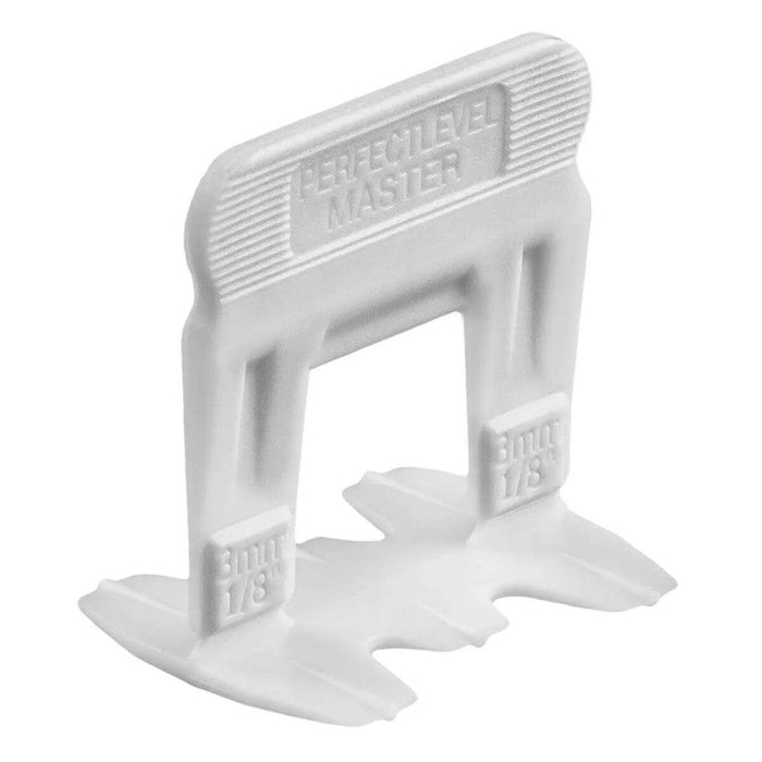 White T-Lock tile leveling clip with side marking 3mm, angled close-up