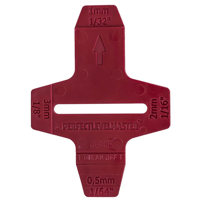 Red T-lock tile leveling bases with size markings 0.5 mm and 1/32 in