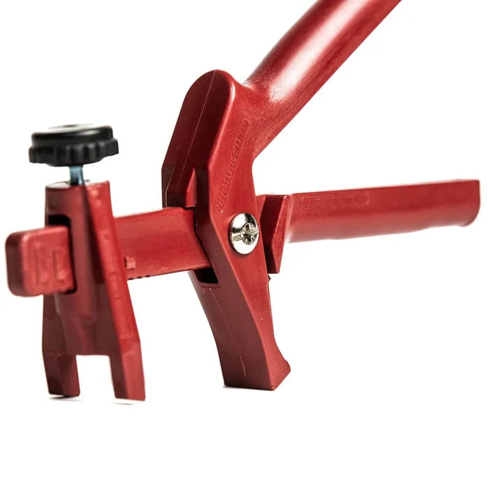 Red T-lock pliers side view with jaw mechanism and silver mounting screw