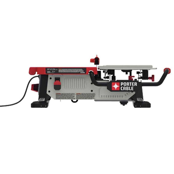 Porter Cable tile saw side view with fold-out carry handle and base