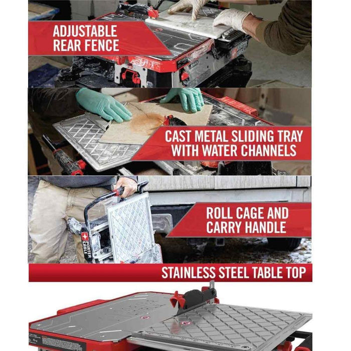 Tile saw with rear fence and cast metal sliding tray with water channels