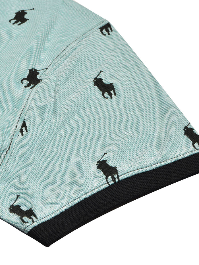 PRL Summer Polo Shirt For Men-Light Green Melange with Allover Print-BR12969