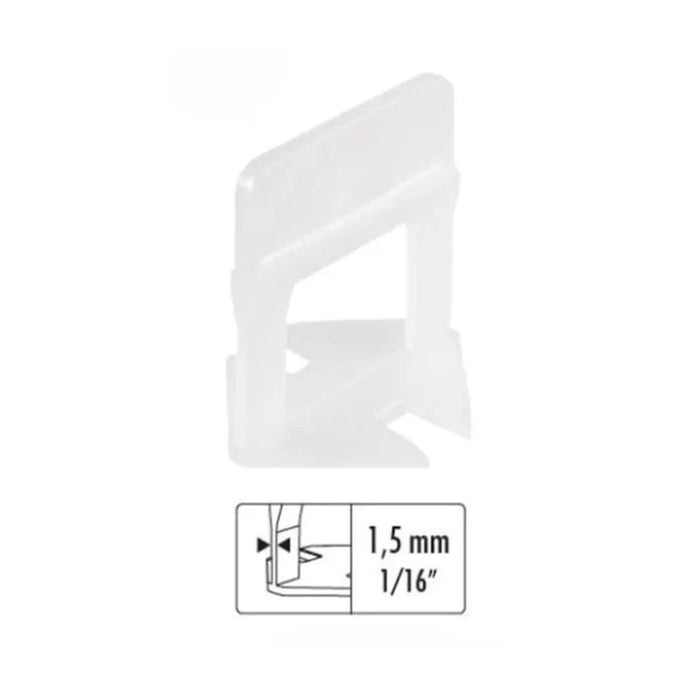 1/16" tile leveling clip, white plastic spacer with measurement diagram